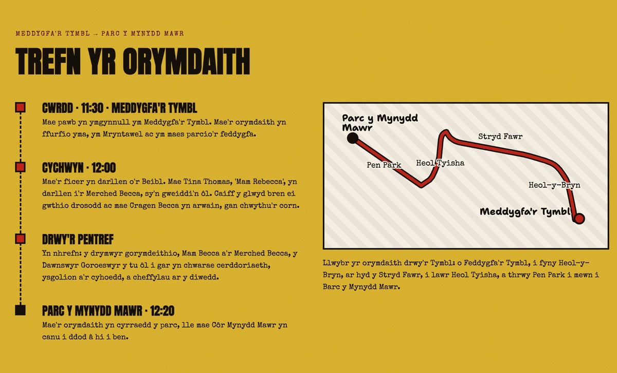 Parade route page of the website: a hand-drawn map showing the route from Meddygfa'r Tymbl up Heol-y-Bryn, along Stryd Fawr, down Heol Tyisha and through Pen Park to Parc y Mynydd Mawr